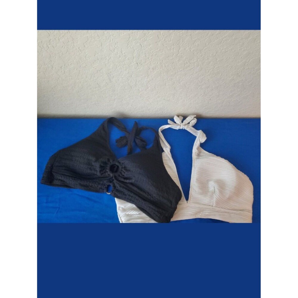 Lot of 2 Halter Bikini Tops 2XL Black Crochet O-Ring White Ribbed Pleated Swim - Picture 1 of 6